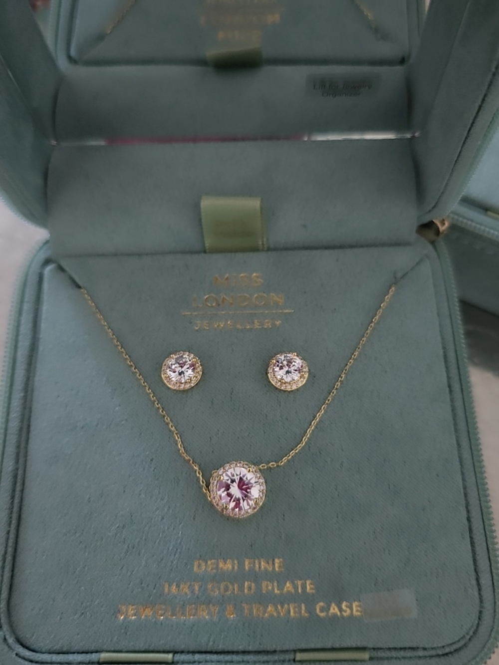 Miss London Pink Crystal Pendant Necklace with Matching Studs in Gold